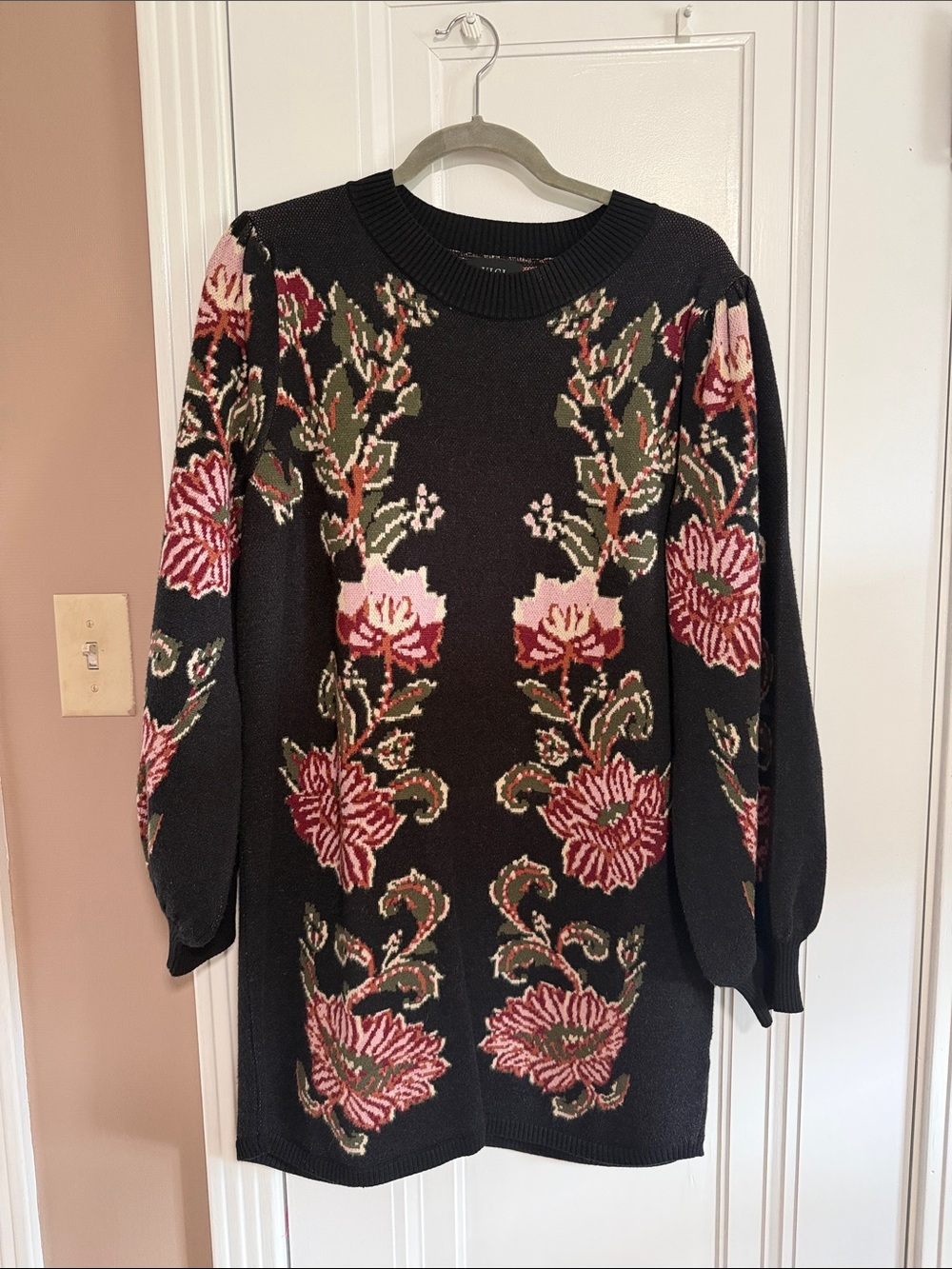 Vici Black Knit Floral Long Sleeve Sweater Dress with Pink Blooms
